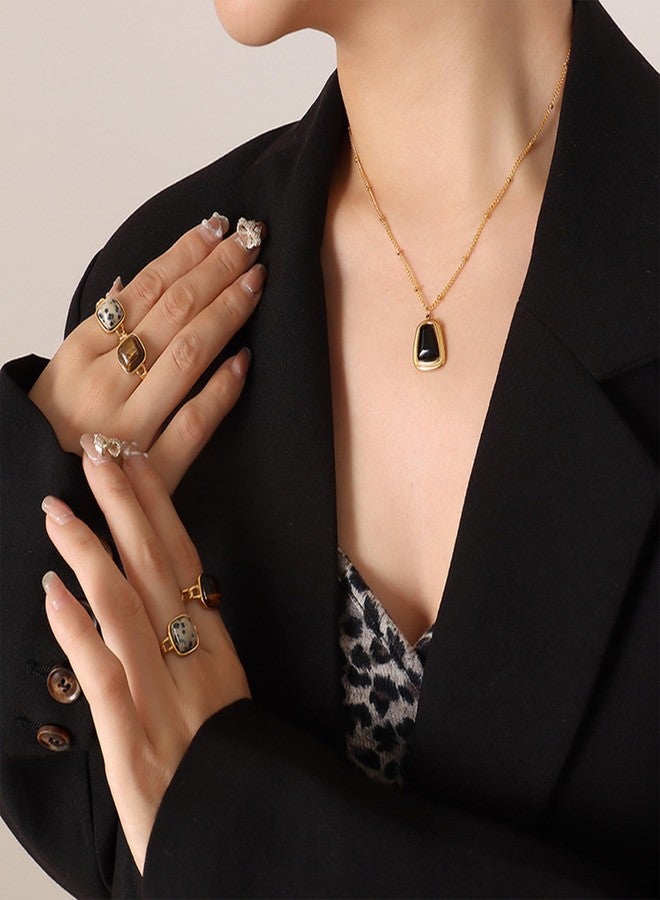 Busnos Vintage Geometric Stone Black and Gold Earrings Necklace Set for Women Cute Square Black Stud Earring Necklace Set Chunky Boho Statement Gold Stainless Steel Earrings Unique Gifts for Her - Image 2